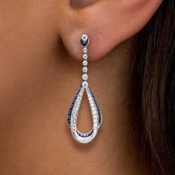 Milgrain Round Cut White & Blue Sapphire Drop Earrings For Women Wedding Jewelry