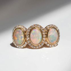 Halo Golden Oval Cut Opal Trinity Ring Engagement Ring For Women