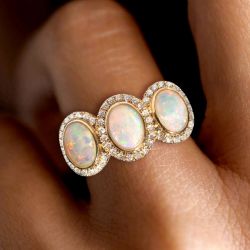 Halo Golden Oval Cut Opal Trinity Ring Engagement Ring For Women