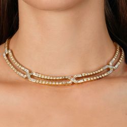 Golden Double Row Round & Emerald Cut White Sapphire Tennis Necklace For Women