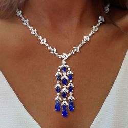 Cluster Design Pear Cut Blue Sapphire Necklace For Women Wedding Jewelry