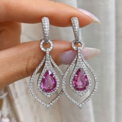 Double Halo Pear Cut Pink Sapphire Drop Earrings For Women Wedding Jewelry 