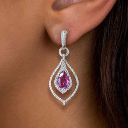 Double Halo Pear Cut Pink Sapphire Drop Earrings For Women Wedding Jewelry 