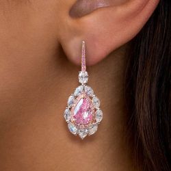 Two Tone Double Halo Pear Cut Pink Sapphire Drop Earrings For Women Wedding Jewelry  