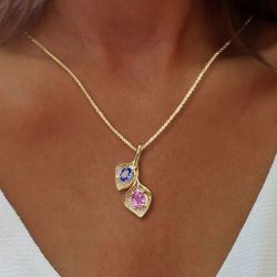 Golden Oval Cut Pink & Blue Sapphire Leaf Pendant Necklace Wedding Necklace For Women