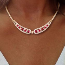 Golden Oval Cut Ruby Sapphire Wedding Necklace For Women Luxury Jewelry 