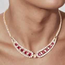 Golden Oval Cut Ruby Sapphire Wedding Necklace For Women Luxury Jewelry 