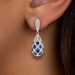 Art Deco Round Cut Blue & White Sapphire Drop Earrings Wedding Jewelry For Women