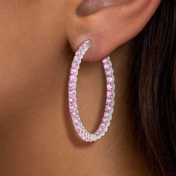 Classic Round Cut Pink Sapphire Hoop Earrings For Women