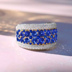 Two Tone Round Cut Blue Sapphire Cigar Band For Women Wedding Jewelry