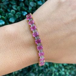 Two Tone Emerald Cut Pink Sapphire Tennis Bracelet For Women