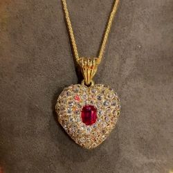 Golden Heart Shape Oval Cut Ruby Sapphire Pendant Necklace For Women 