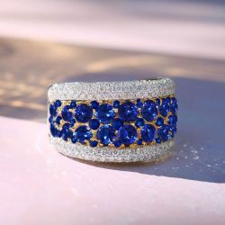 Two Tone Round Cut Blue Sapphire Cigar Band For Women Wedding Jewelry