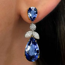 Two Tone Pear Cut Blue Sapphire Drop Earrings For Women  
