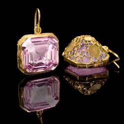 Bezel Golden Asscher Cut Pink Sapphire Drop Earrings For Women Wedding Jewelry