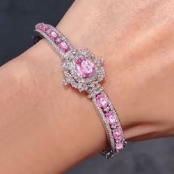 Double Halo Oval Cut Pink Sapphire Bracelet Bangle For Women