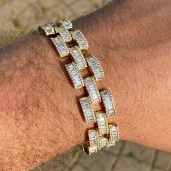 Golden Baguette Cut White Sapphire Link Bracelet For Men Wedding Jewelry 