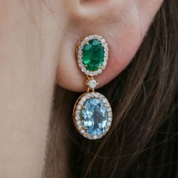 Halo Golden Oval Cut Aquamarine & Emerald Sapphire Drop Earrings For Women Wedding Jewelry