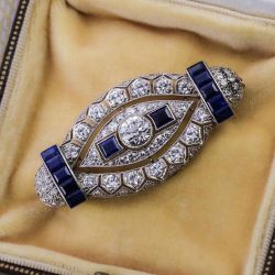 Milgrain Art Deco Round & Emerald Cut White & Blue Sapphire Brooch For Women Wedding Jewelry