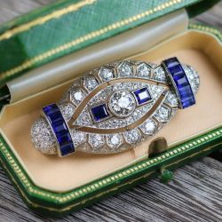 Milgrain Art Deco Round & Emerald Cut White & Blue Sapphire Brooch For Women Wedding Jewelry