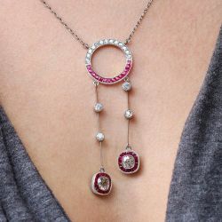 Milgrain Cushion Cut Ruby & White Sapphire Edwardian Pendant Necklace For Women Wedding Jewelry