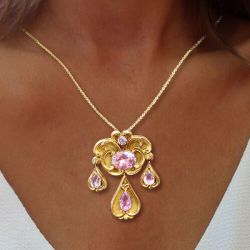 Golden Oval & Pear Cut Pink Sapphire Pendant Necklace For Women Wedding Jewelry  