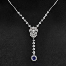Art Deco Cushion Cut White & Blue Sapphire Pendant Necklace For Women