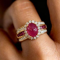 Halo Cabochon Golden Oval Cut Ruby Sapphire Engagement Ring For Women Wedding Jewelry 
