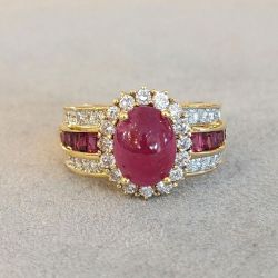 Halo Cabochon Golden Oval Cut Ruby Sapphire Engagement Ring For Women Wedding Jewelry 