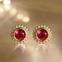 Golden Flower Design Round Cut Ruby Sapphire Stud Earrings For Women