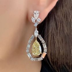 Two Tone Cluster Design Pear Cut Yellow Sapphire Drop Earrings For Women  