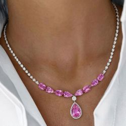Halo Pear Cut Pink Sapphire Necklace For Women Wedding Necklace