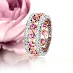 Two Tone Three Row Round Cut Pink & White Sapphire Wedding Band For Women