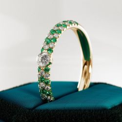 Golden Half Eternity Round Cut White & Emerald Sapphire Wedding Band For Women