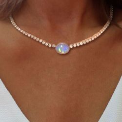 Bezel Rose Gold Oval Cut Opal Tennis Necklace For Women Wedding Jewelry