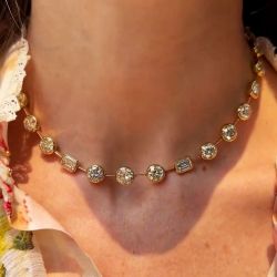 Golden Round & Emerald Cut White Sapphire Tennis Necklace For Women Wedding Jewelry