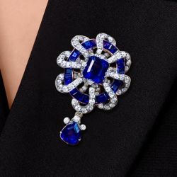 Antique Asscher & Pear Cut Blue Sapphire Brooch For Women Wedding Jewelry