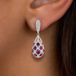 Art Deco Round Cut Ruby & White Sapphire Drop Earrings Wedding Jewelry For Women