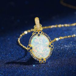 Golden Oval Cut Opal & Blue Sapphire Pendant Necklace For Women Wedding Jewelry