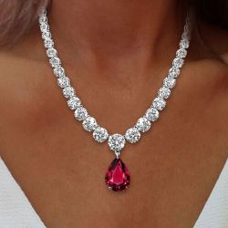 Classic Pear & Round Cut White & Ruby Sapphire Necklace For Women Wedding Jewelry 