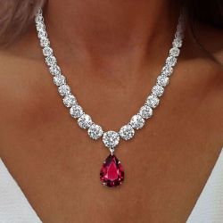 Classic Pear & Round Cut White & Ruby Sapphire Necklace For Women Wedding Jewelry 
