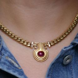 Vintage Golden Oval Cut Ruby Sapphire Cabochon Necklace For Women