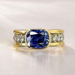 Two Tone Bezel Cushion Cut Blue Sapphire Engagement Ring For Women Wedding Jewelry 3.46 Ct 