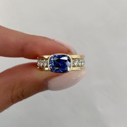Two Tone Bezel Cushion Cut Blue Sapphire Engagement Ring For Women Wedding Jewelry 3.46 Ct 