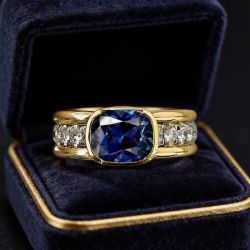 Two Tone Bezel Cushion Cut Blue Sapphire Engagement Ring For Women Wedding Jewelry 3.46 Ct 