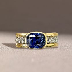 Two Tone Bezel Cushion Cut Blue Sapphire Engagement Ring For Women Wedding Jewelry 3.46 Ct 