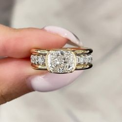 Two Tone Bezel Cushion Cut White Sapphire Engagement Ring For Women Wedding Jewelry