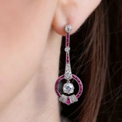 Art Deco Cushion Cut White & Ruby Sapphire Earrings Drop Earrings For Women Wedding Jewelry
