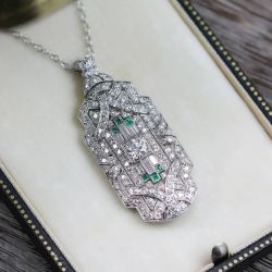 Art Deco Baguette & Round Cut Emerald & White Sapphire Pendant Necklace For Women Wedding Jewelry