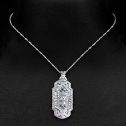 Art Deco Baguette & Round Cut Emerald & White Sapphire Pendant Necklace For Women Wedding Jewelry